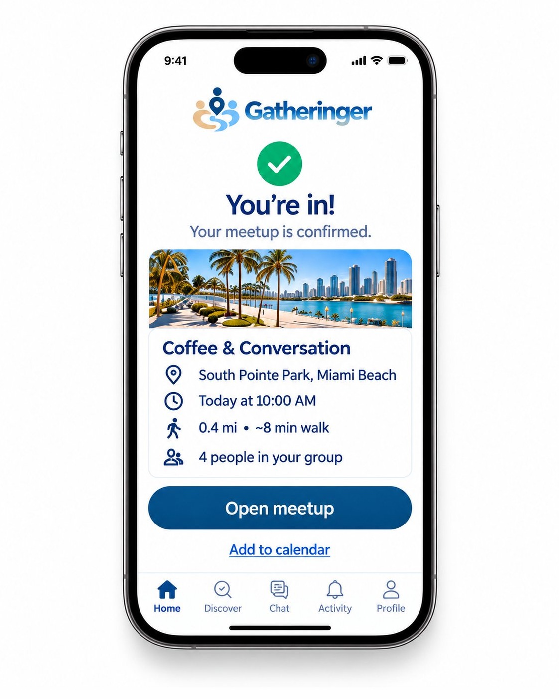 You're in: Coffee and Conversation meetup plan at South Pointe Park Miami Beach