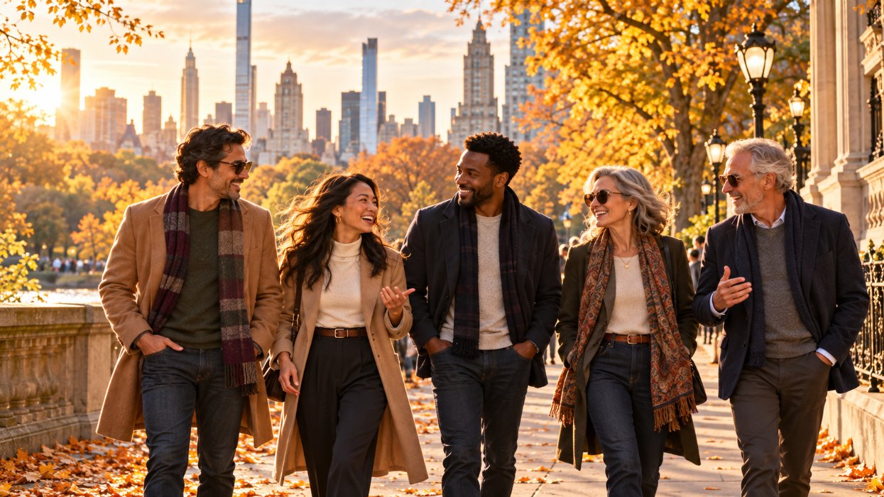 Group of friends walking in New York City at sunset in autumn