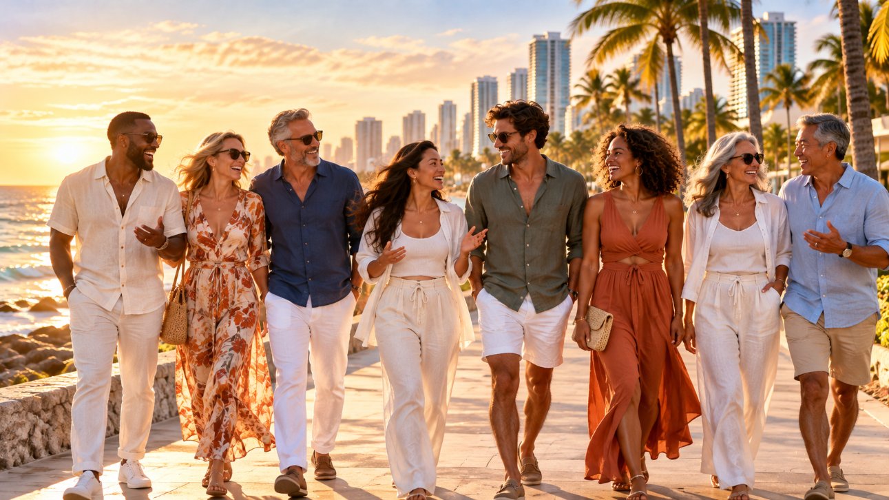 A happy group of friends walking together along the beach at sunset