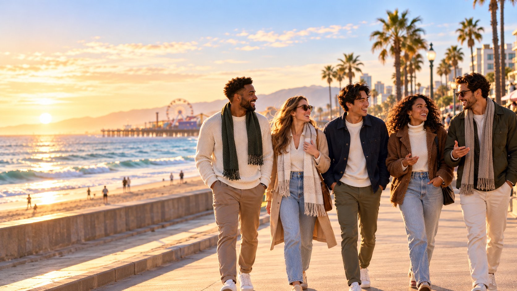 Happy group walking on the Santa Monica promenade in Los Angeles