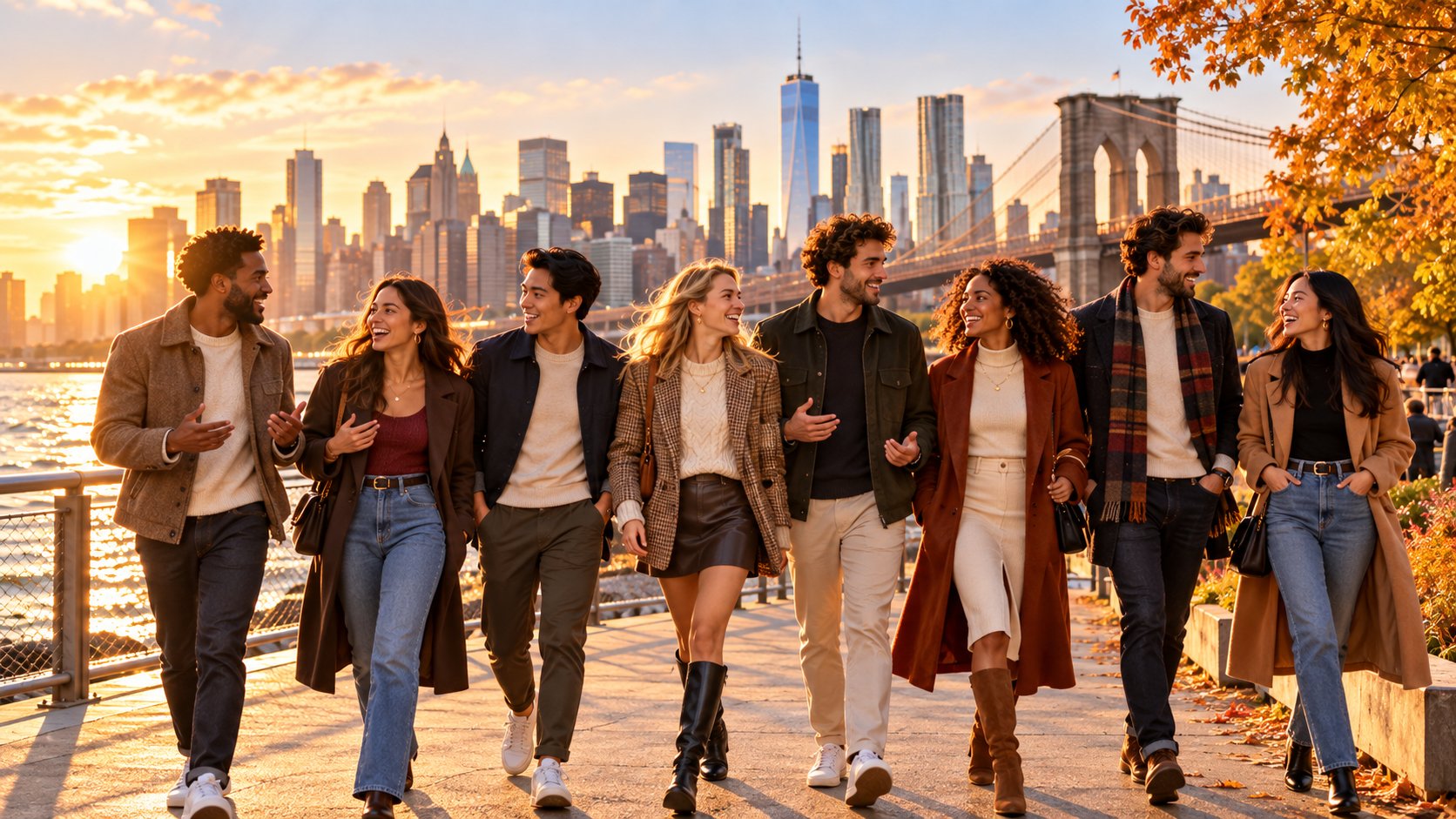 Friends walking together with the city skyline behind them