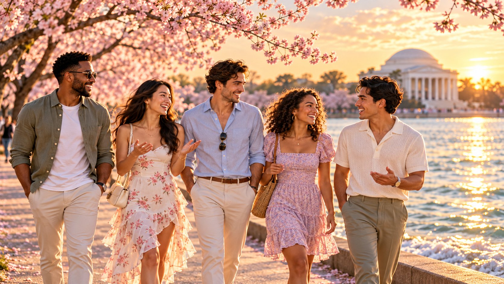 A group of friends walking together by the water at sunset